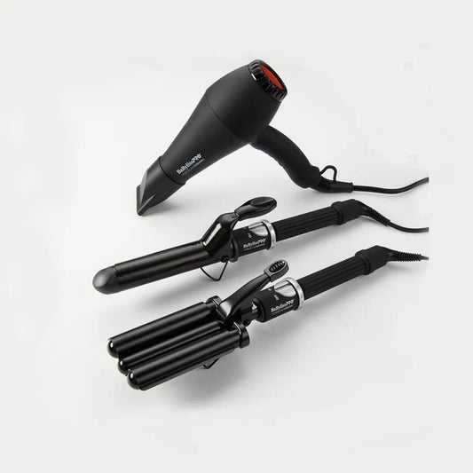 BaBylissPRO Limited Edition Porcelain Ceramic Hair Dryer, Curling Iron, and Triple Barrel Waver Value Set Model